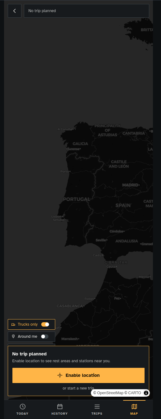 Ecrã Mapa — Península Ibérica, filtro «só camiões».