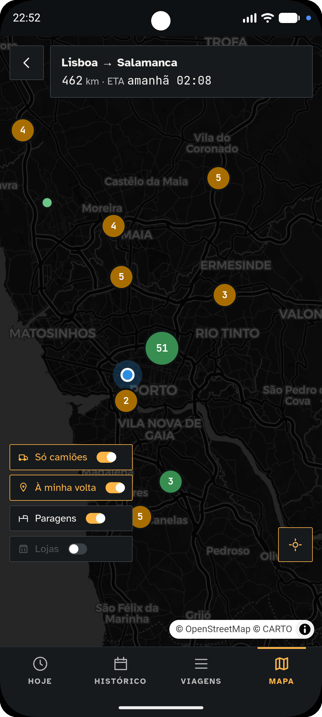 Ecrã Mapa — áreas de descanso, bombas e lojas filtradas para camião.