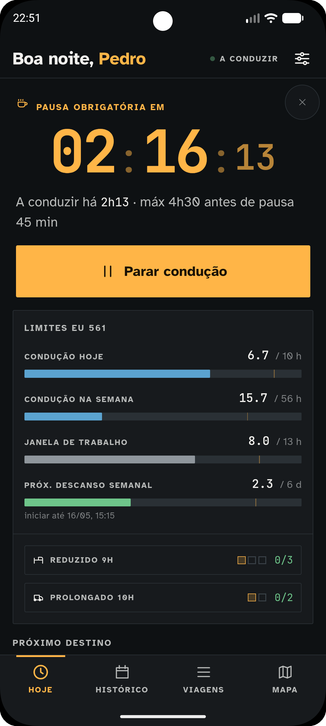 Ecrã Hoje — relógio inverso para a pausa e limites do dia.
