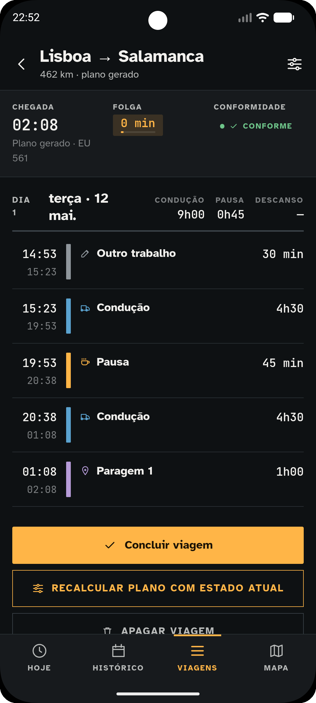 Ecrã Viagem — plano com pausas, descansos e prazo de entrega.